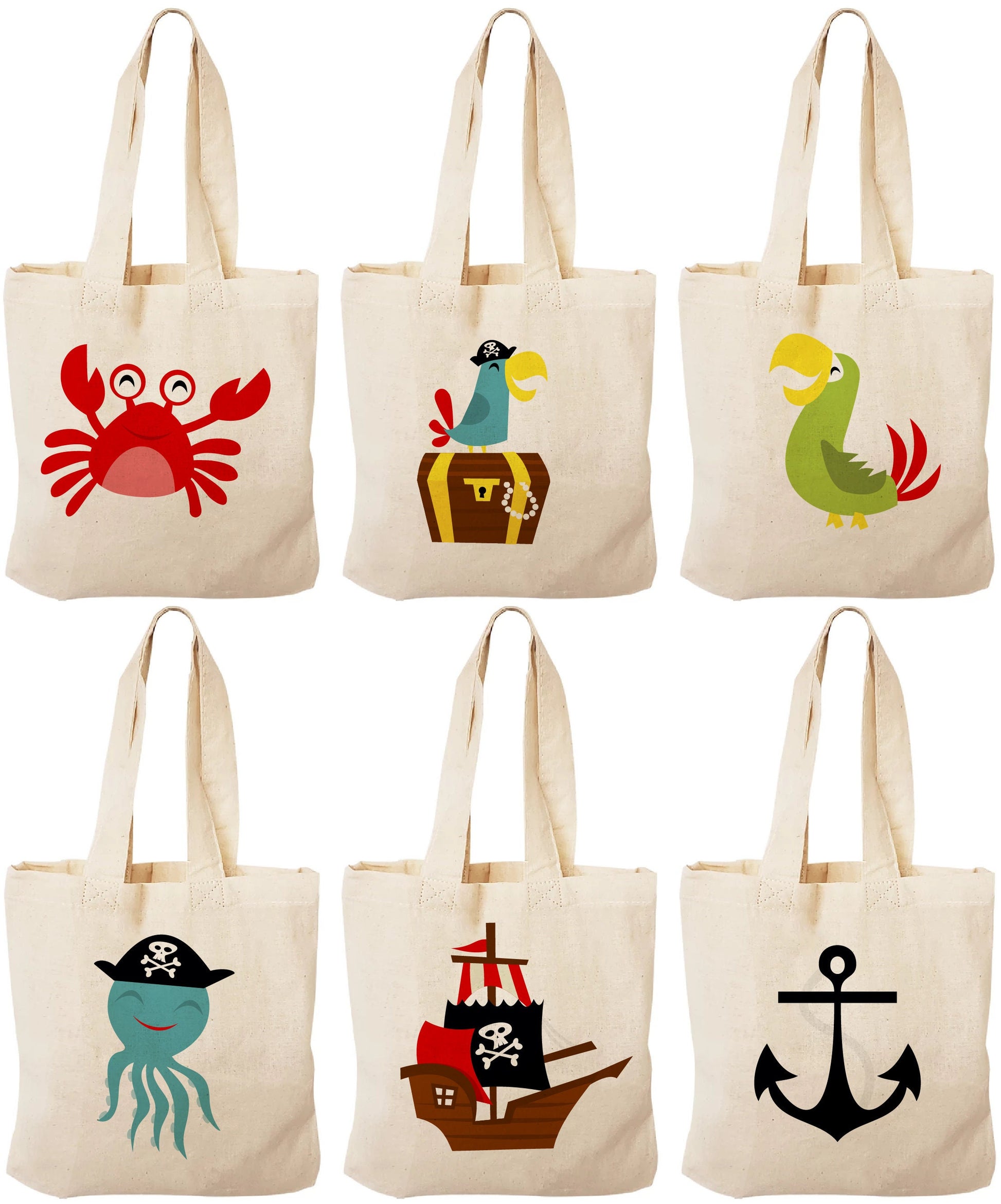 Pirate Party Favor Bags, Cotton Goodie Bags, Set of 6