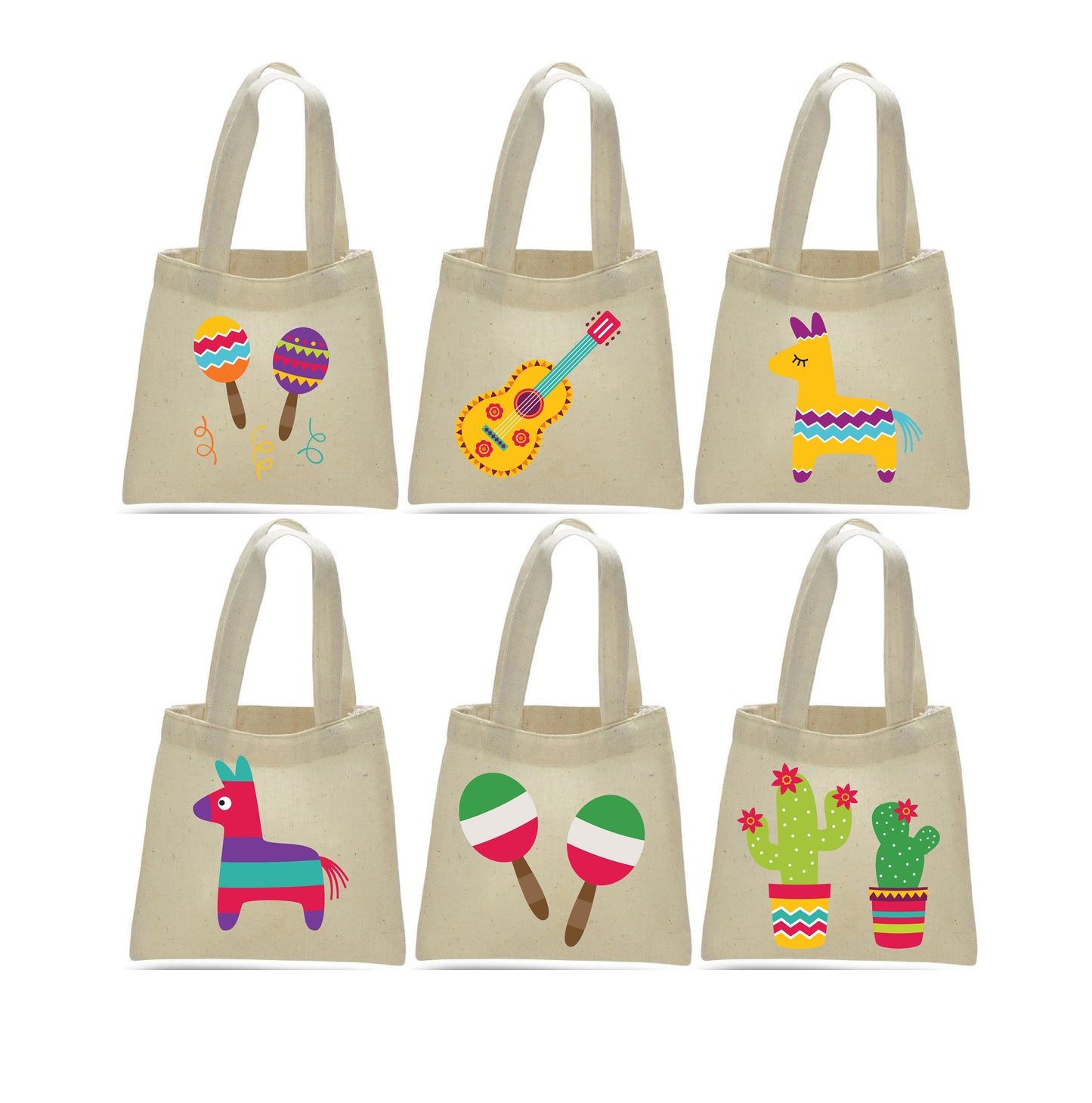 Fiesta Party Favor Bags - Set of 6 Canvas Tote Bags