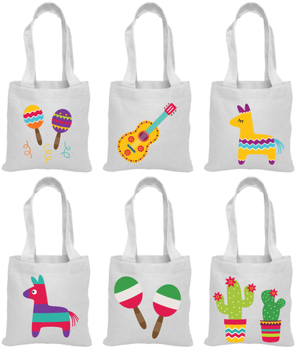 Fiesta Party Favor Bags - Set of 6 Canvas Tote Bags