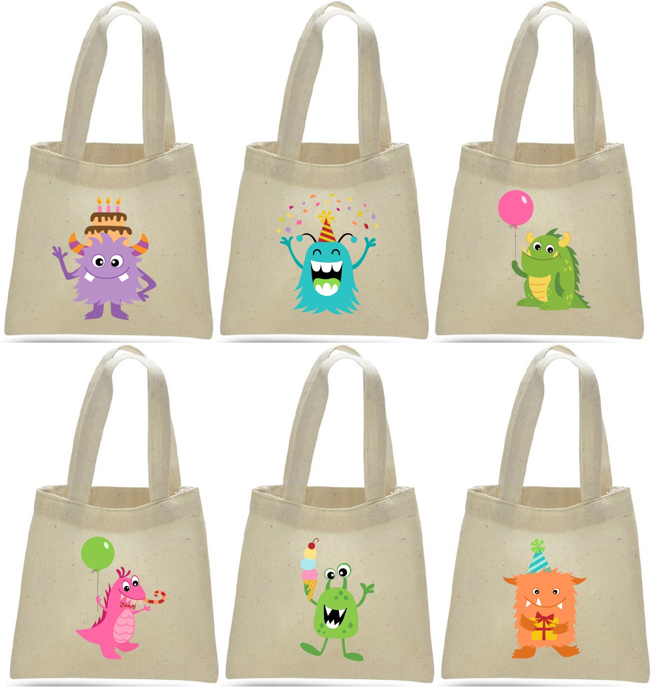 Monster Party Favor Bags - Set of 6 Cotton Goodie Bags