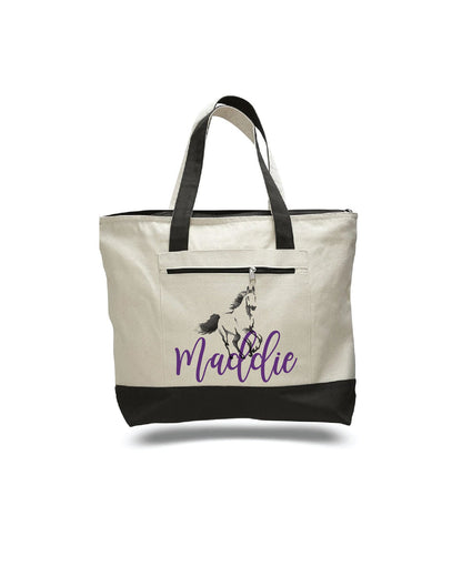 Personalized Horse Tote Bag, Zippered Canvas Bag