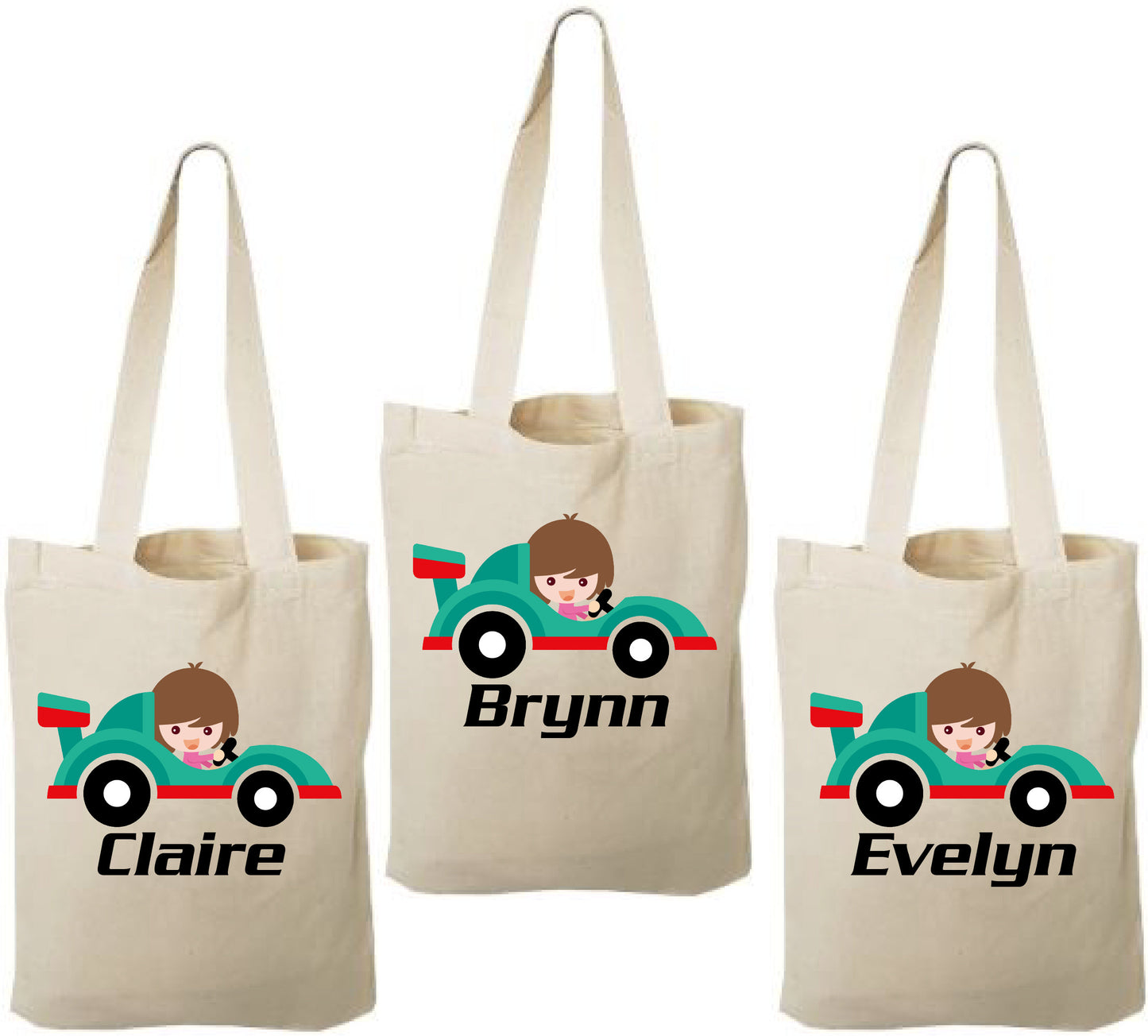 Girls Race Car Party Favor Bags, Personalized Cotton Treat Bags, Set of 3