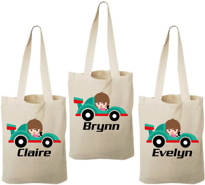 Girls Race Car Party Favor Bags, Personalized Cotton Treat Bags, Set of 3
