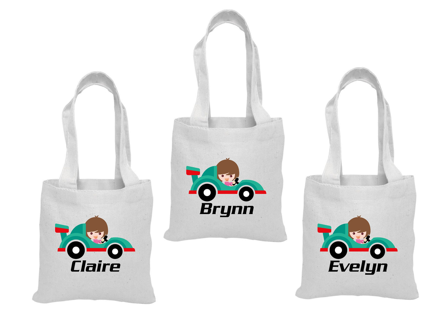 Girls Race Car Party Favor Bags, Personalized Cotton Treat Bags, Set of 3