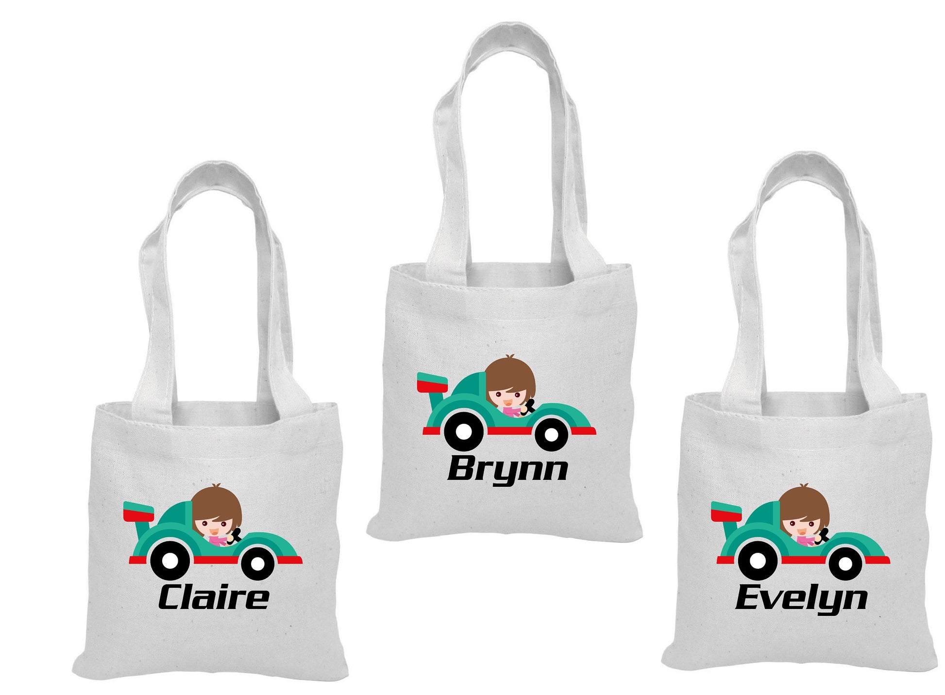 Girls Race Car Party Favor Bags, Personalized Cotton Treat Bags, Set of 3