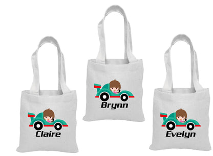 Girls Race Car Party Favor Bags, Personalized Cotton Treat Bags, Set of 3