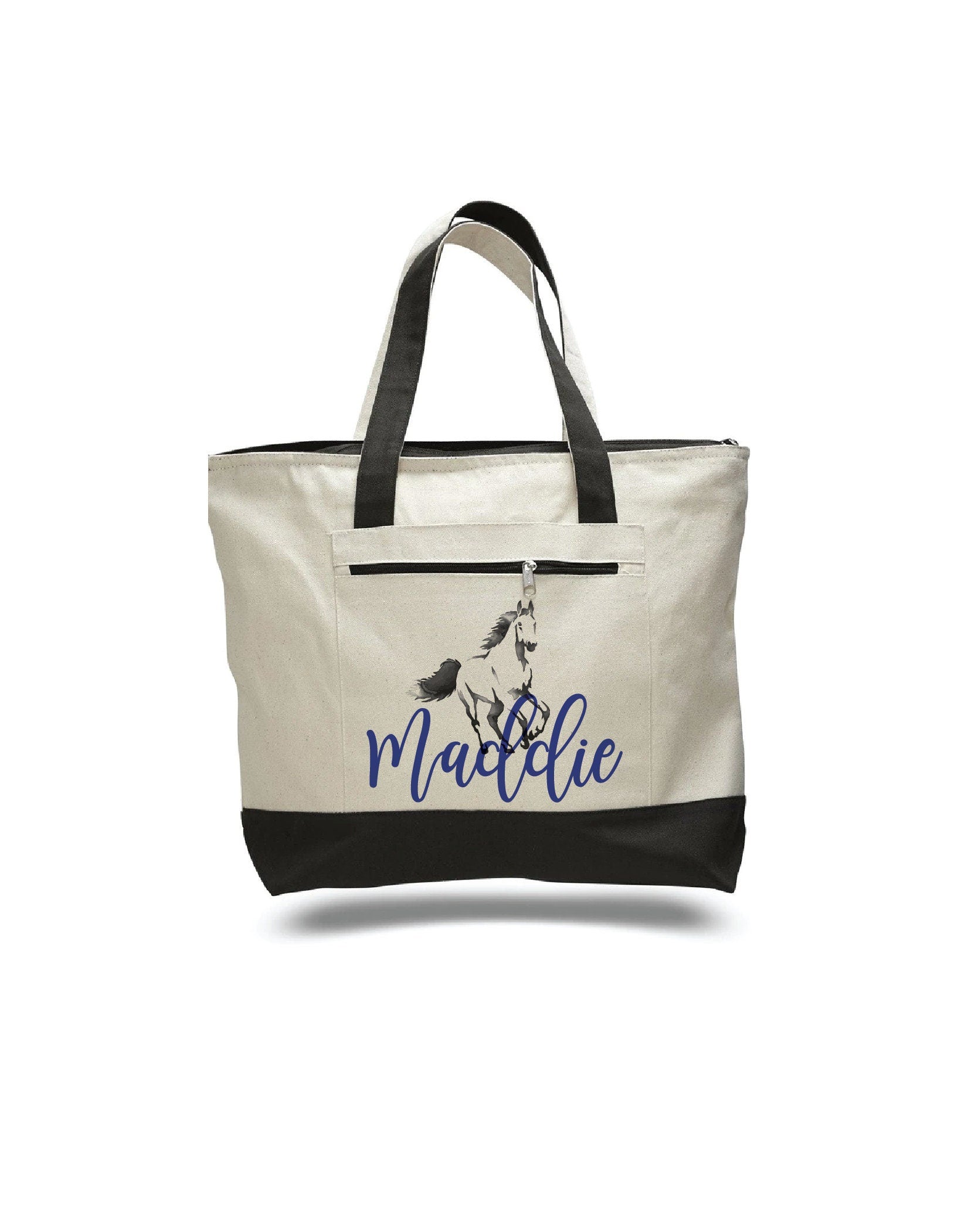 Personalized Horse Tote Bag, Zippered Canvas Bag