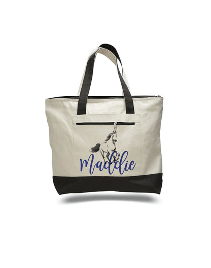 Personalized Horse Tote Bag, Zippered Canvas Bag