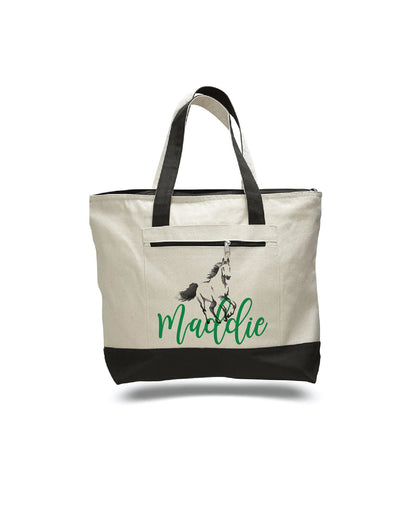 Personalized Horse Tote Bag, Zippered Canvas Bag
