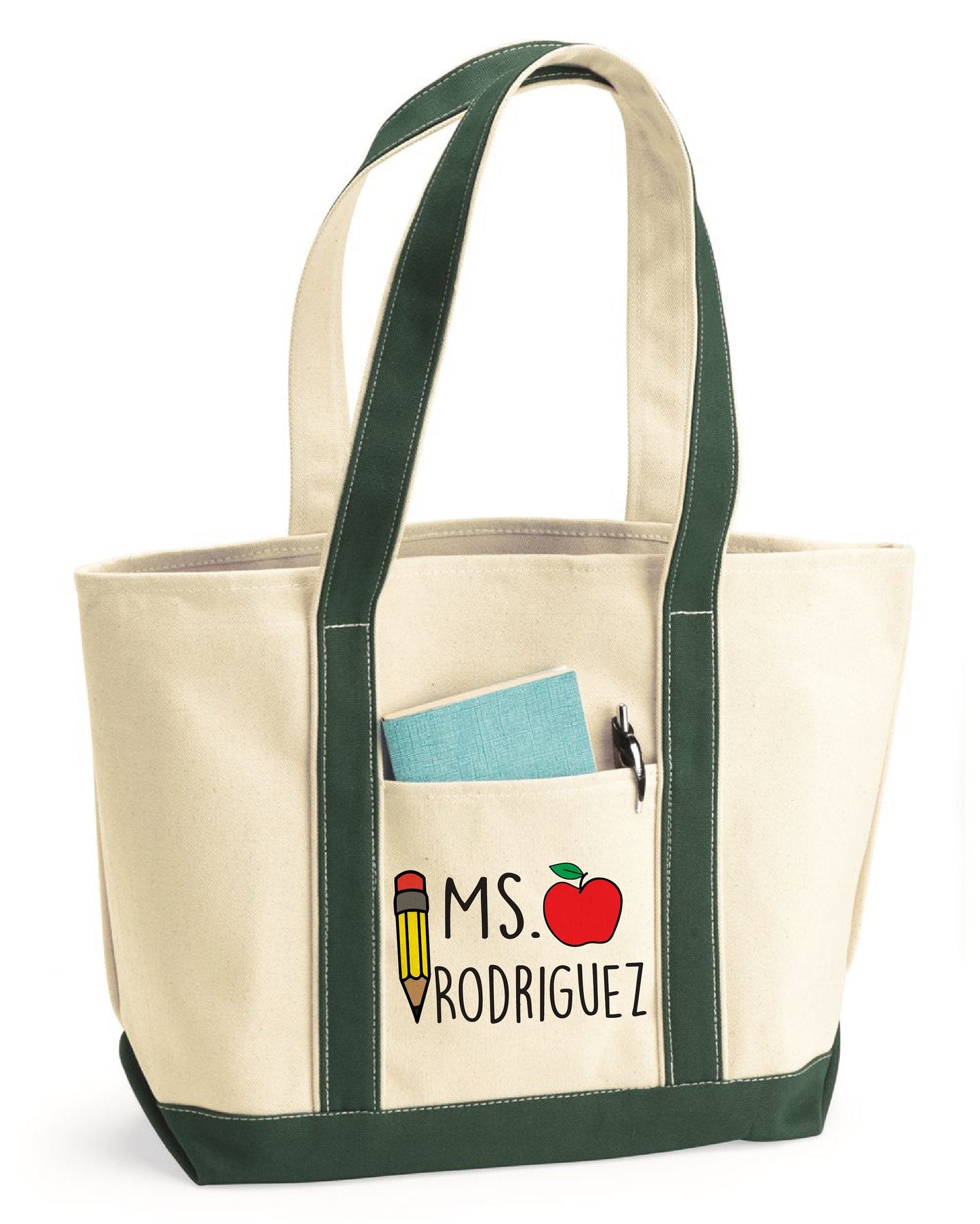 Personalized Teacher Canvas Tote Bag, Heavy-Duty with Pockets