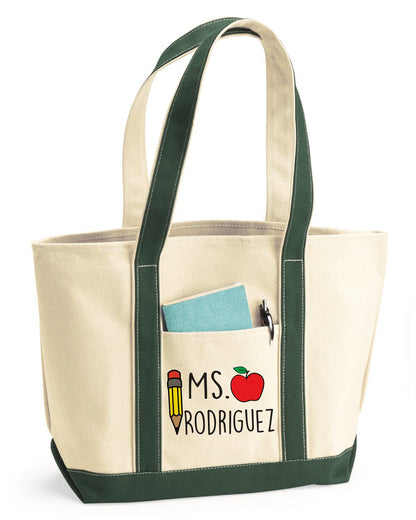 Personalized Teacher Canvas Tote Bag, Heavy-Duty with Pockets