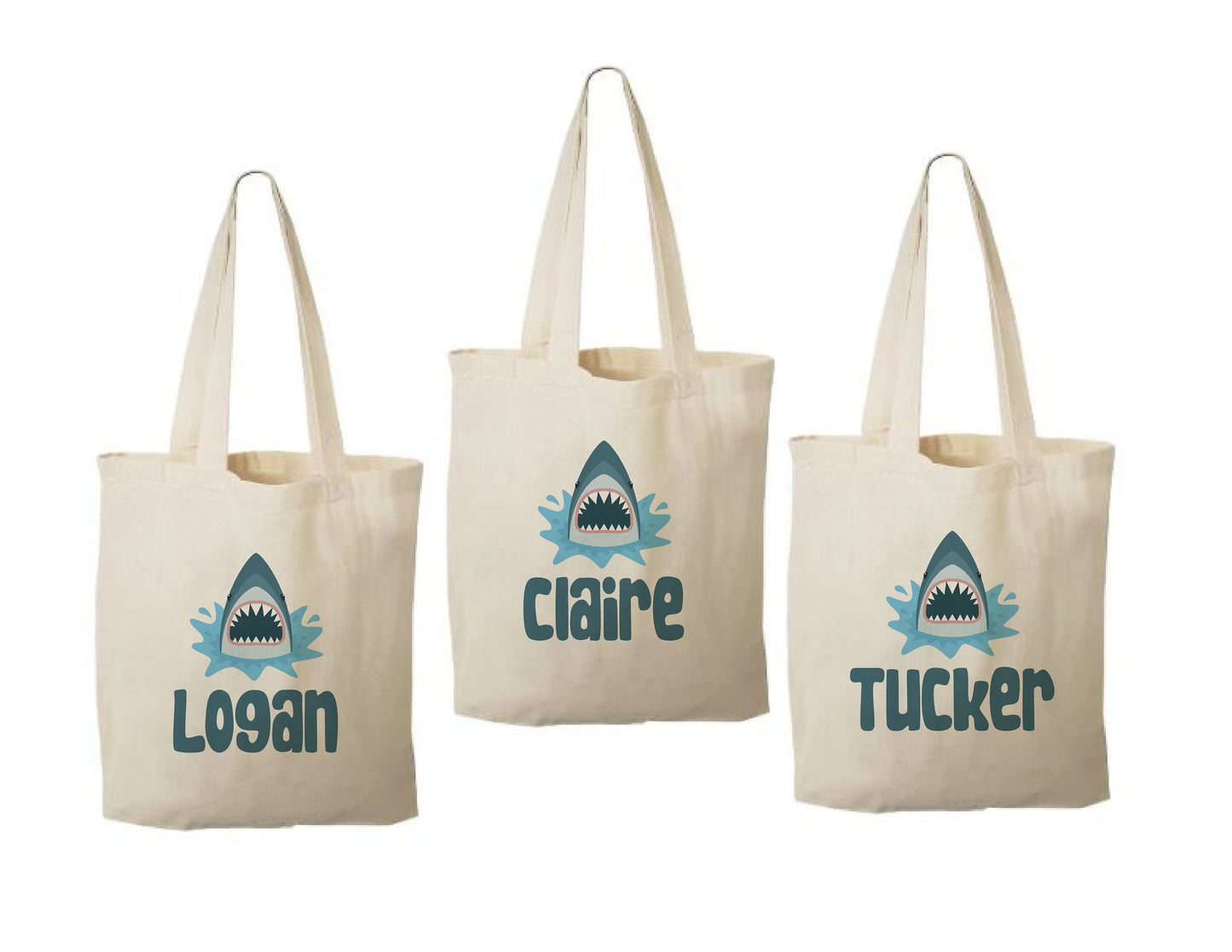 Personalized Shark Favor Bags - Set of Three, Reusable Cotton Party Bags