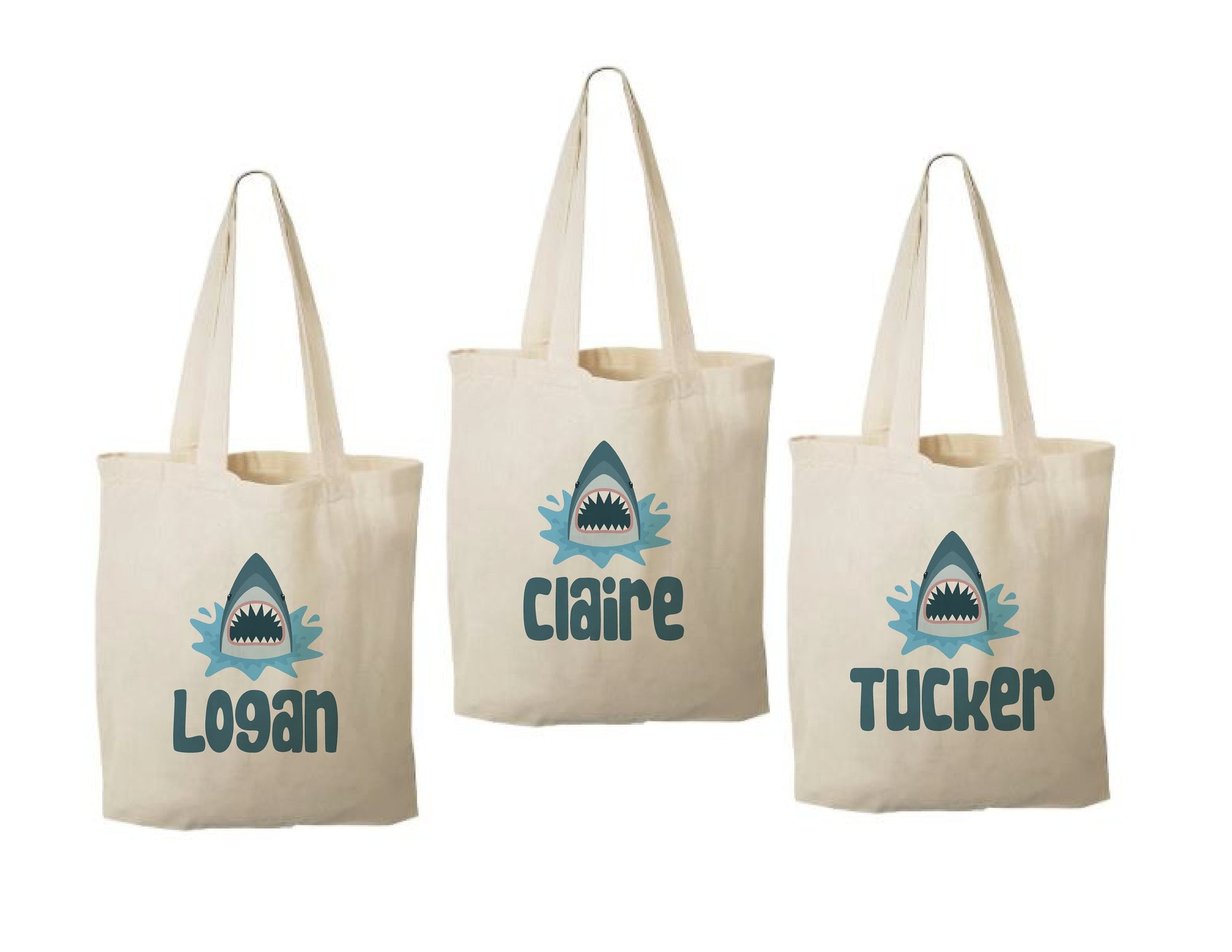 Personalized Shark Favor Bags - Set of Three, Reusable Cotton Party Bags