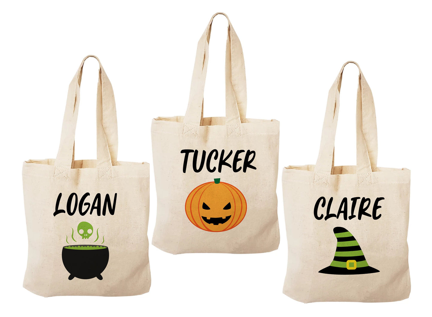 Set of 3 Personalized Halloween Treat Bags, Eco-Friendly Cotton Party Favor Bags