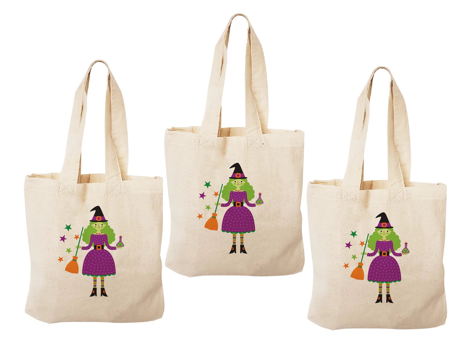 Set of 3 Witch Halloween Cotton Treat Bags, Party Favor Bags
