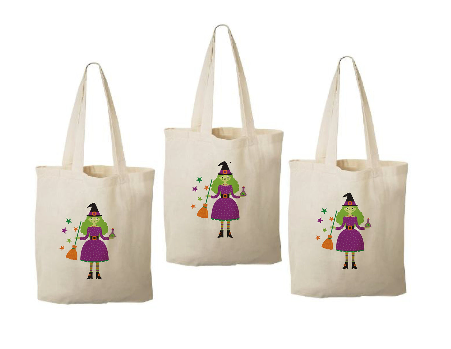 Set of 3 Witch Halloween Cotton Treat Bags, Party Favor Bags