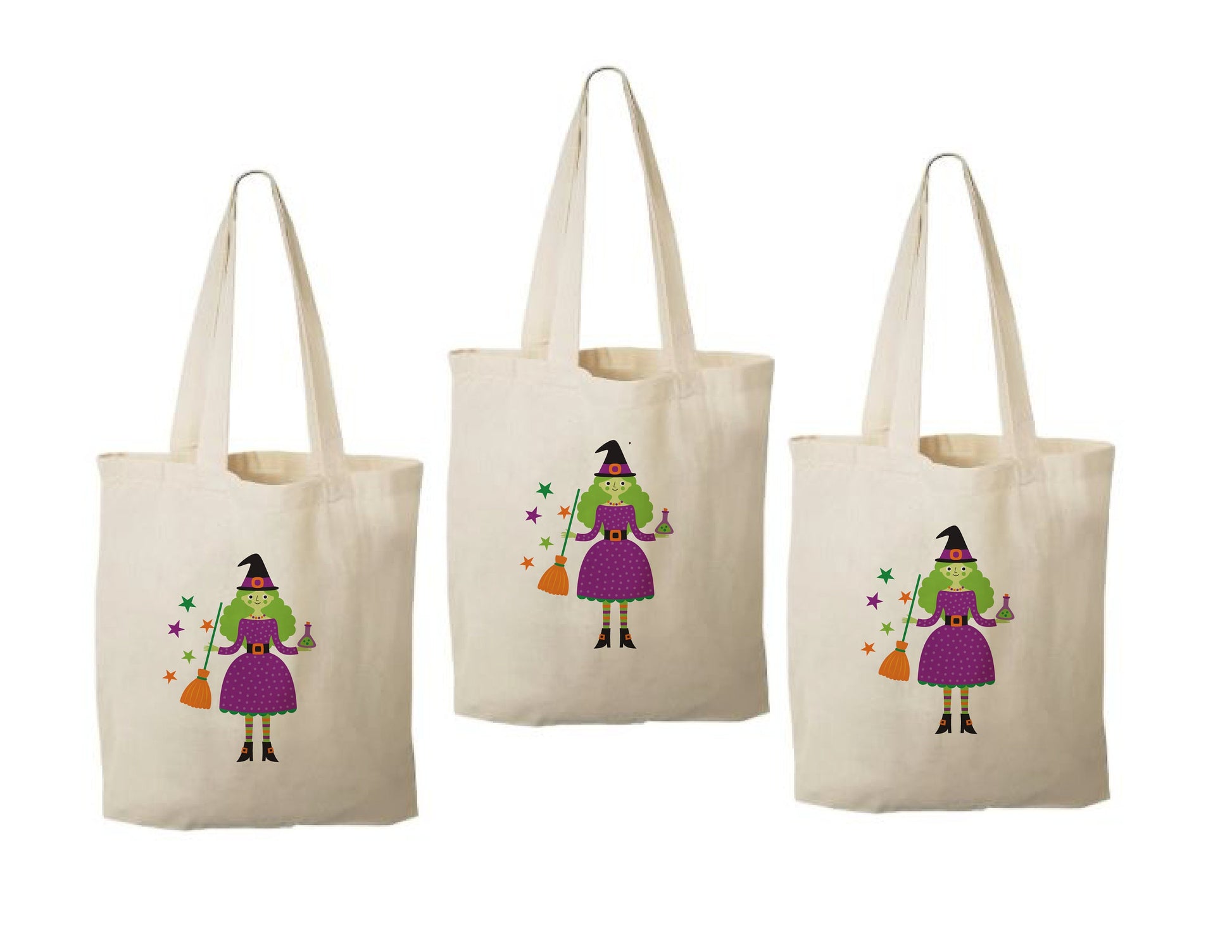 Set of 3 Witch Halloween Cotton Treat Bags, Party Favor Bags