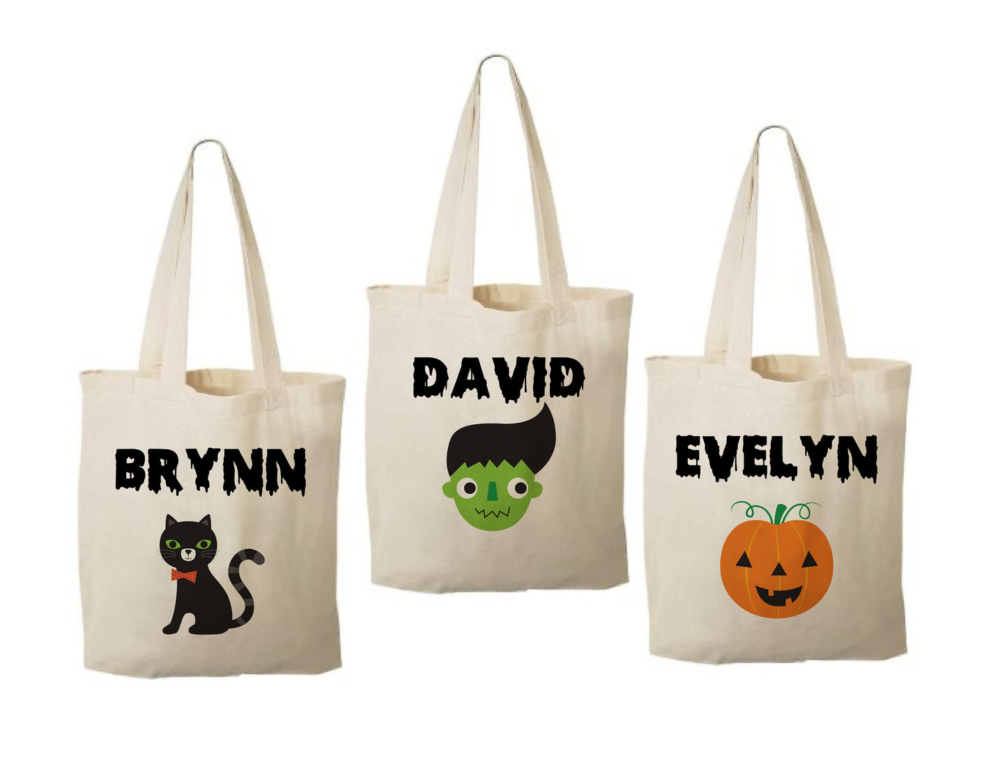 Set of 3 Personalized Halloween Treat Bags, Cotton Favor Bags
