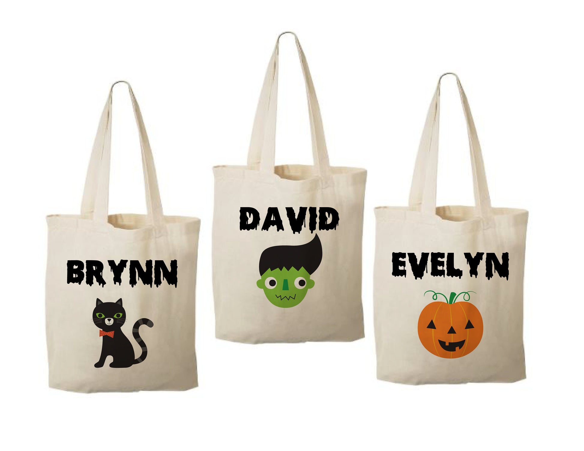 Set of 3 Personalized Halloween Treat Bags, Cotton Favor Bags