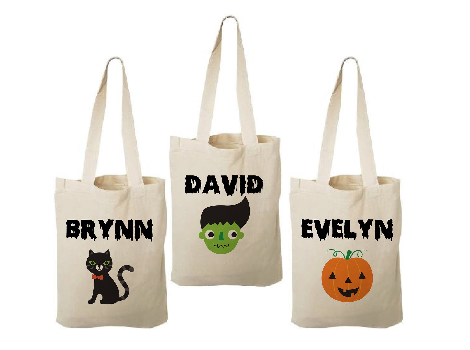 Set of 3 Personalized Halloween Treat Bags, Cotton Favor Bags