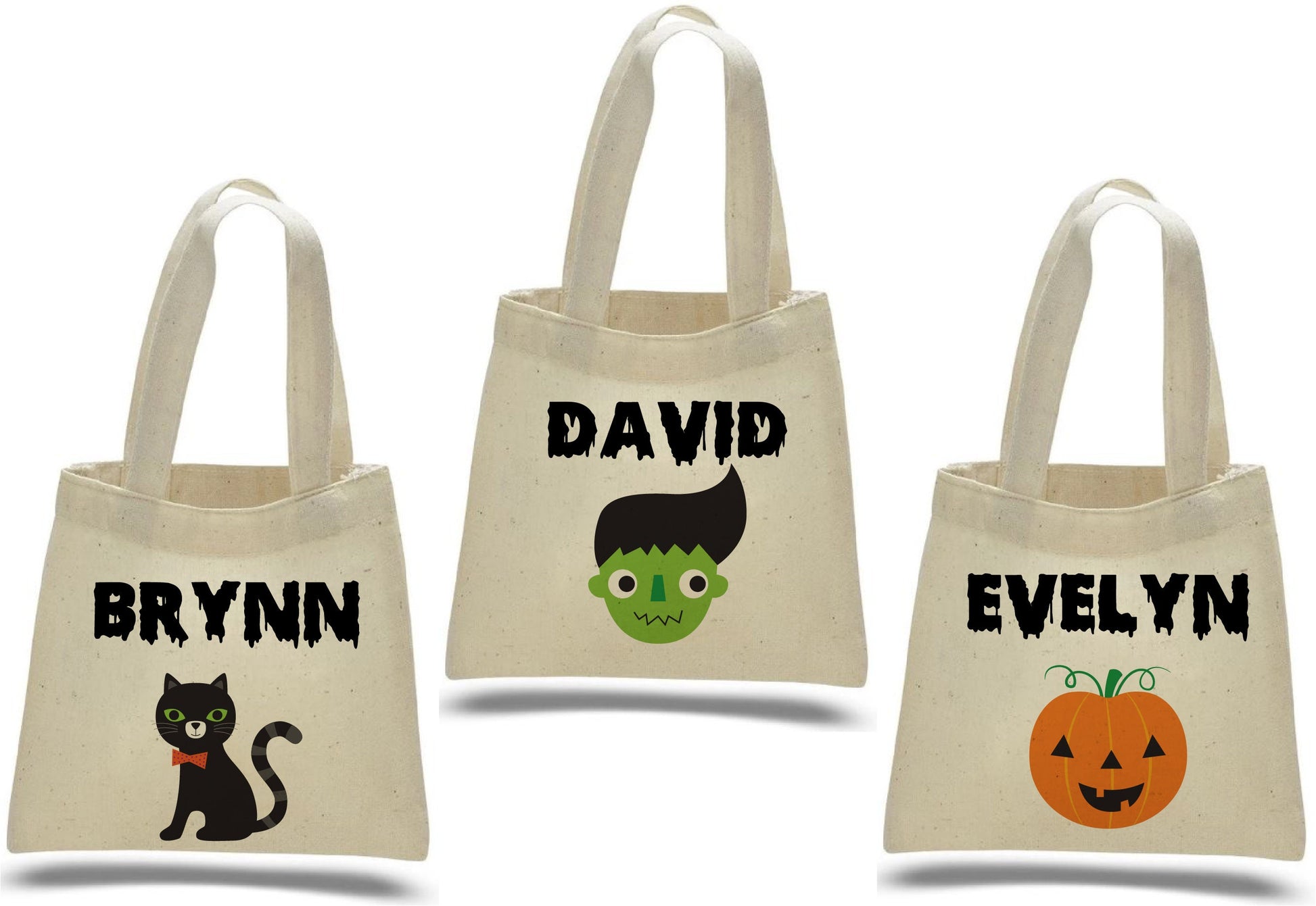 Set of 3 Personalized Halloween Treat Bags, Cotton Favor Bags