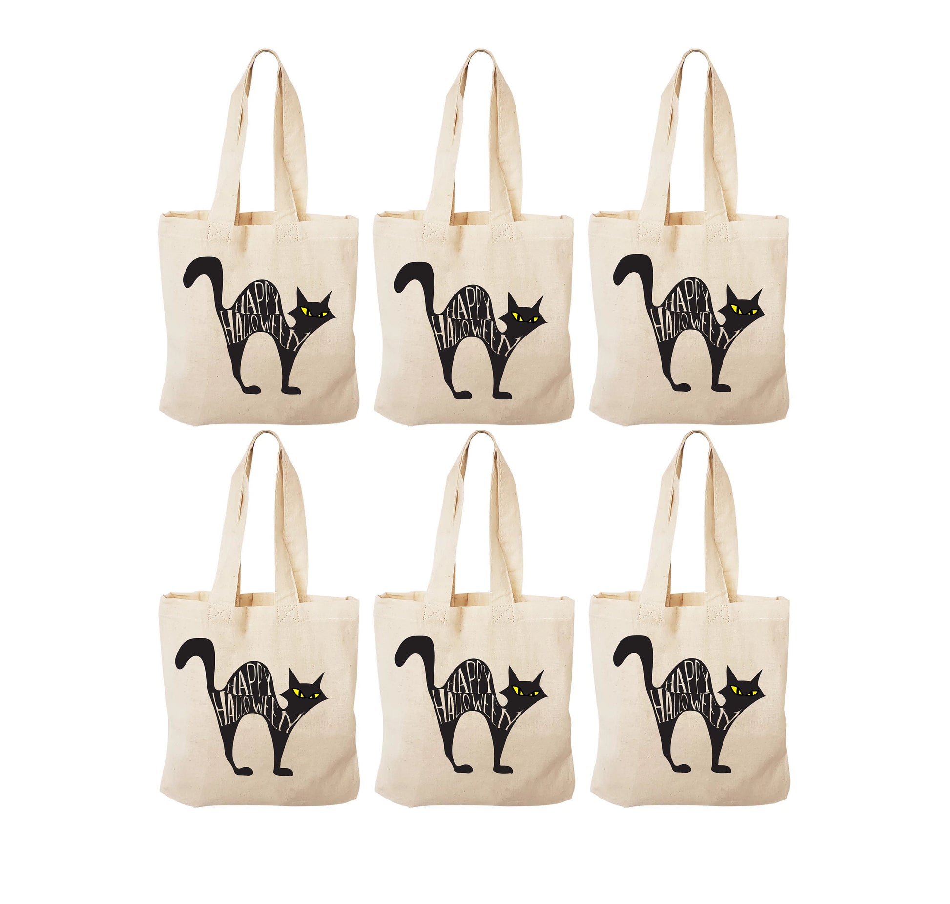 Black Cat Halloween Party Favor Bags, Cotton Set of Six