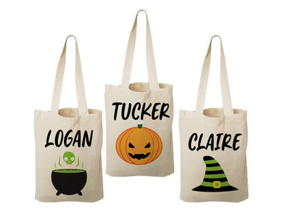 Set of 3 Personalized Halloween Treat Bags, Eco-Friendly Cotton Party Favor Bags