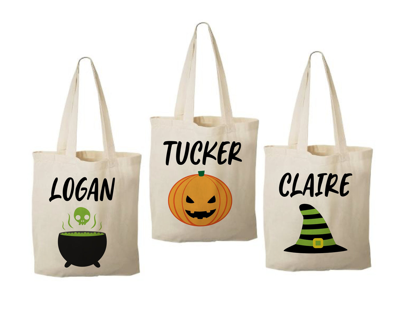 Set of 3 Personalized Halloween Treat Bags, Eco-Friendly Cotton Party Favor Bags