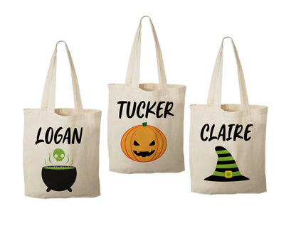 Set of 3 Personalized Halloween Treat Bags, Eco-Friendly Cotton Party Favor Bags