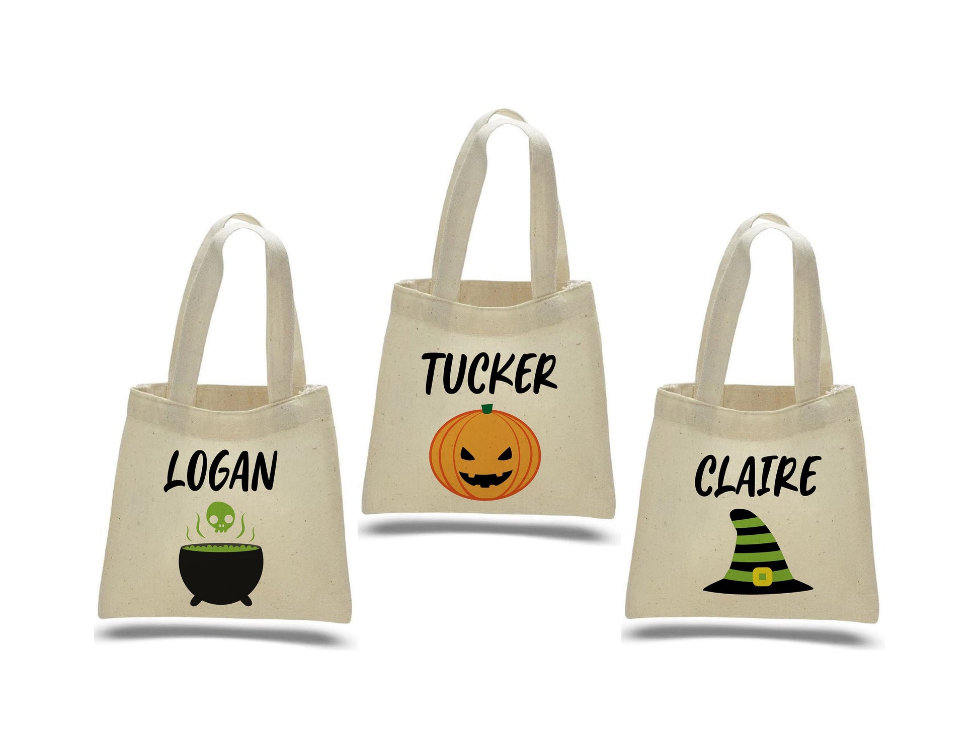 Set of 3 Personalized Halloween Treat Bags, Eco-Friendly Cotton Party Favor Bags