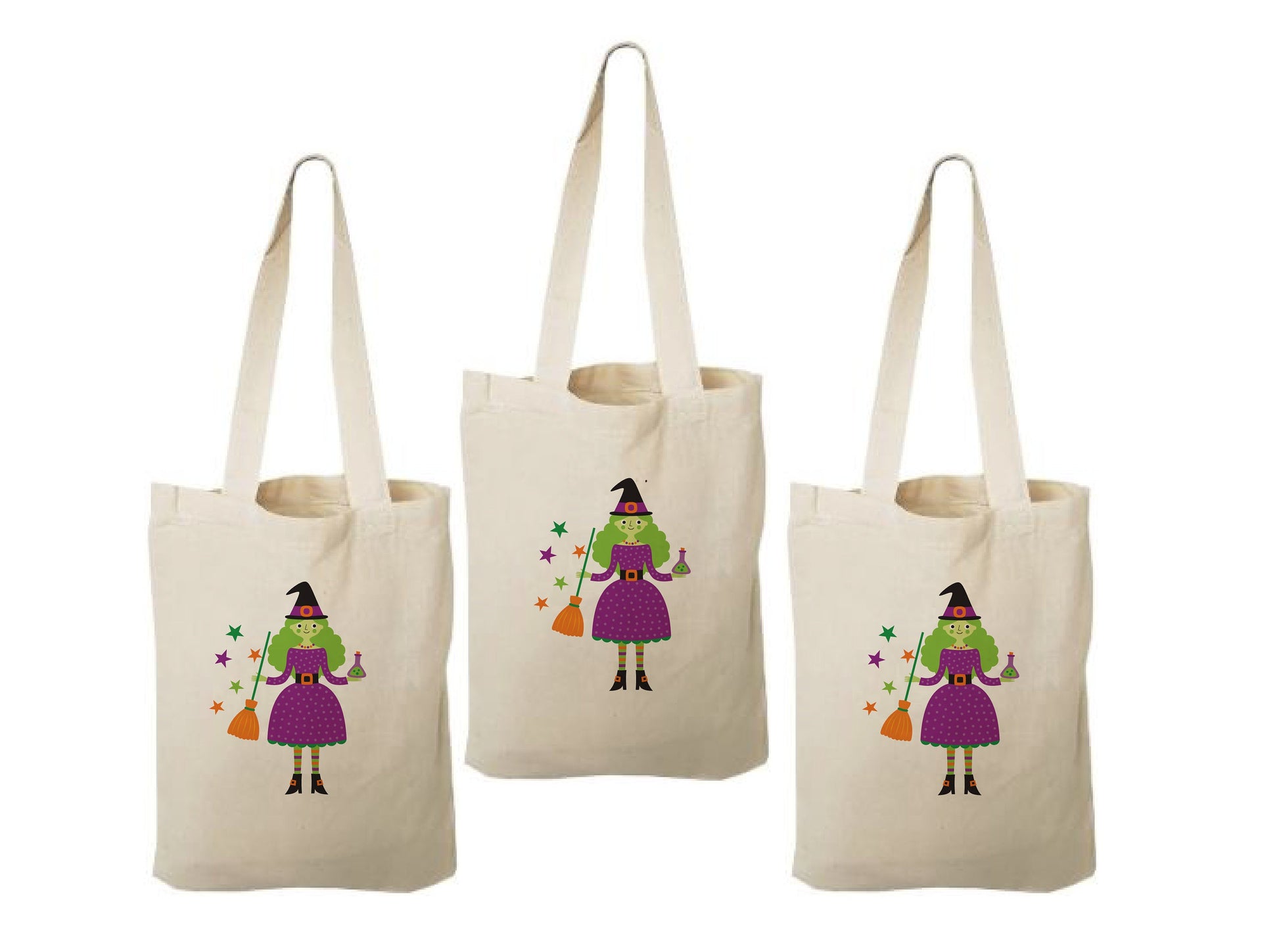 Set of 3 Witch Halloween Cotton Treat Bags, Party Favor Bags