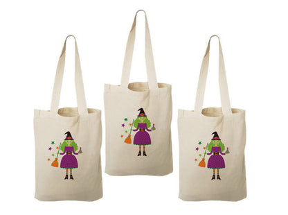Set of 3 Witch Halloween Cotton Treat Bags, Party Favor Bags