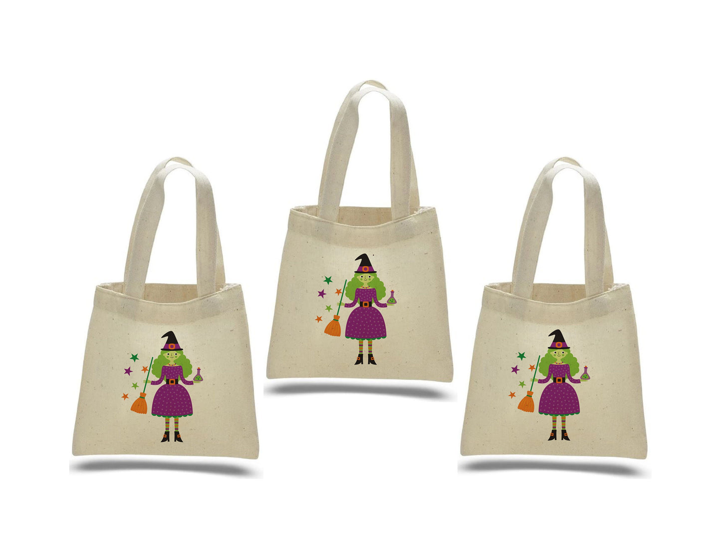 Set of 3 Witch Halloween Cotton Treat Bags, Party Favor Bags