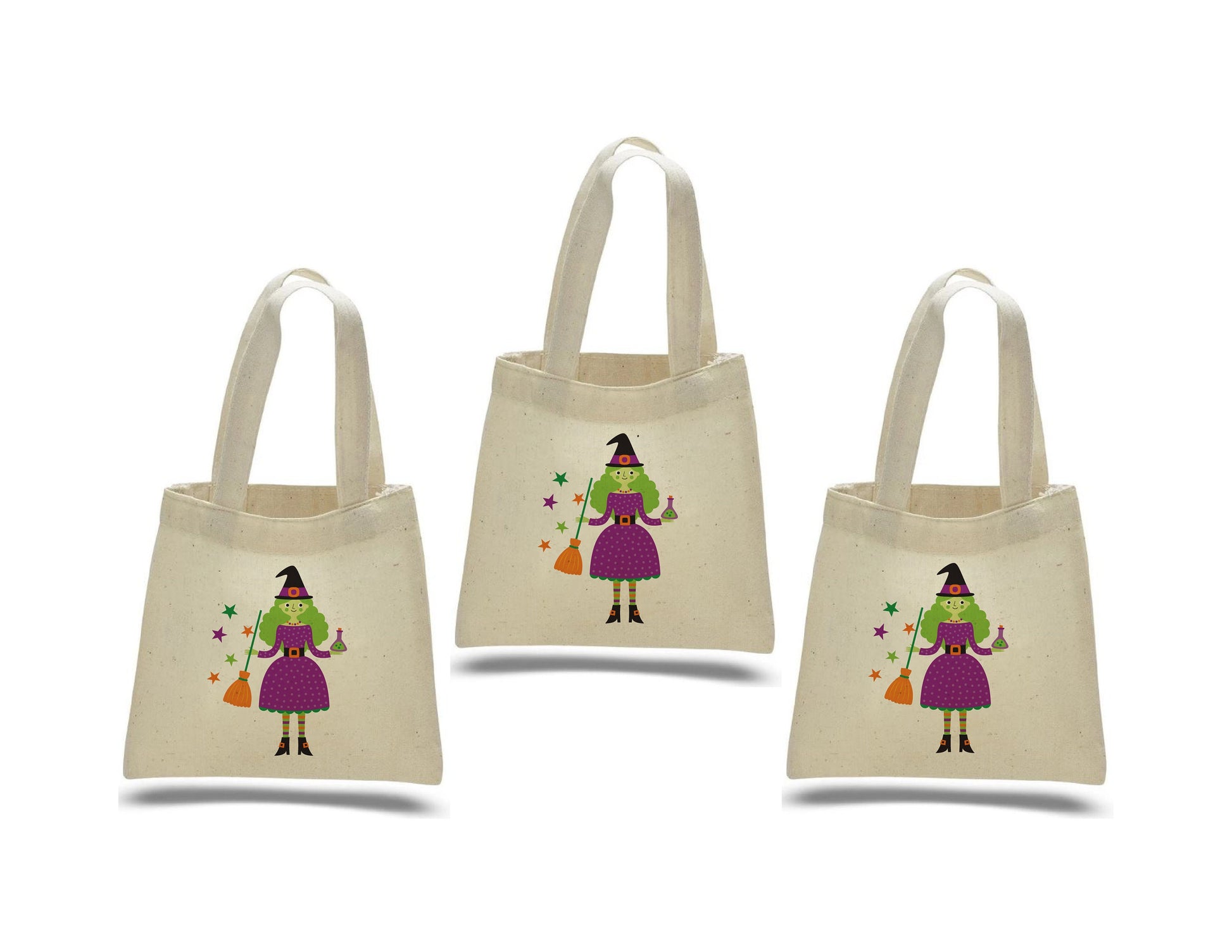 Set of 3 Witch Halloween Cotton Treat Bags, Party Favor Bags