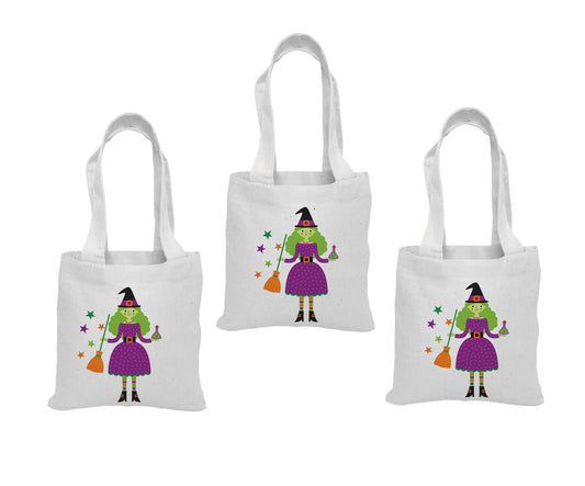 Set of 3 Witch Halloween Cotton Treat Bags, Party Favor Bags