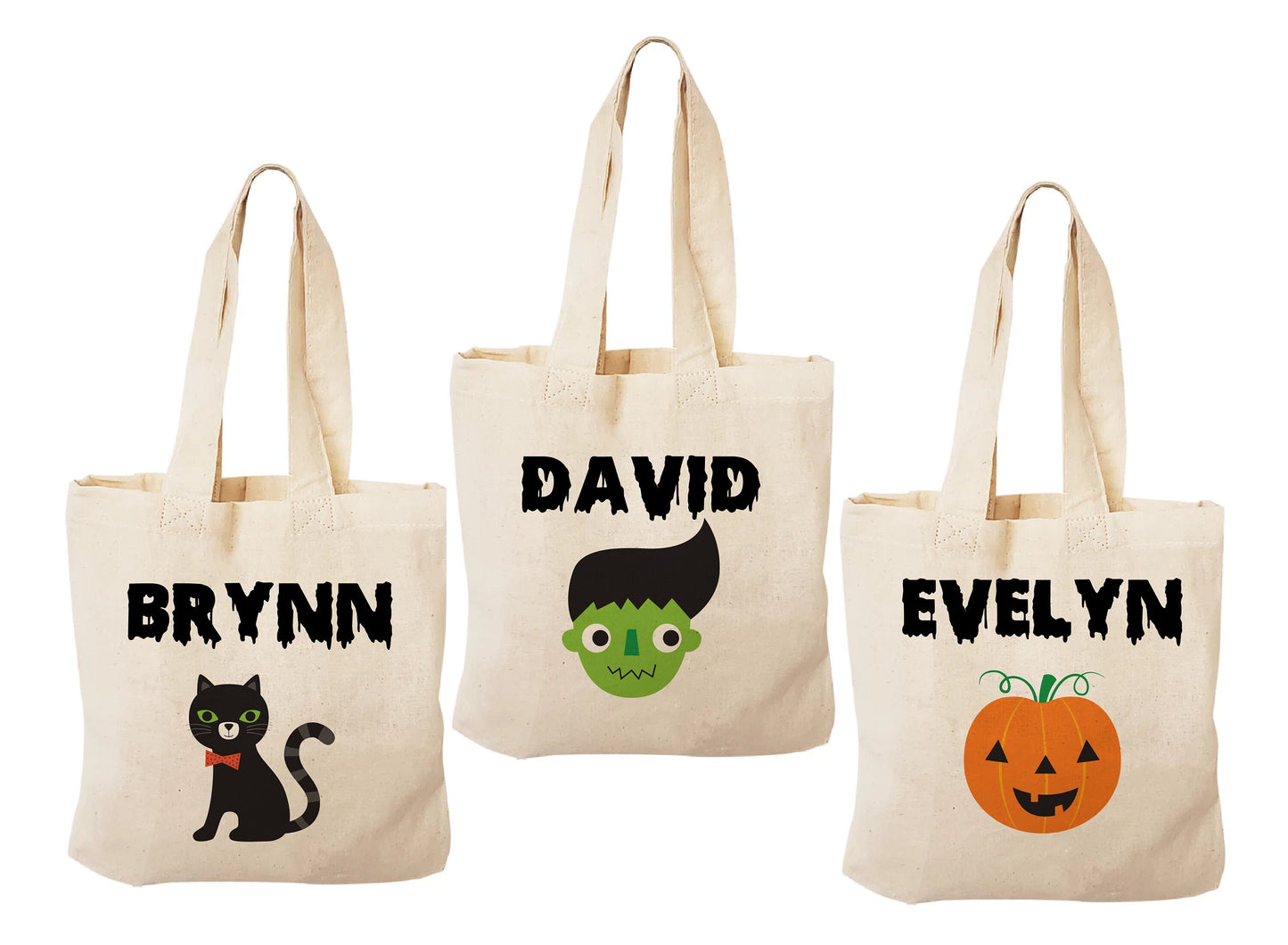 Set of 3 Personalized Halloween Treat Bags, Cotton Favor Bags