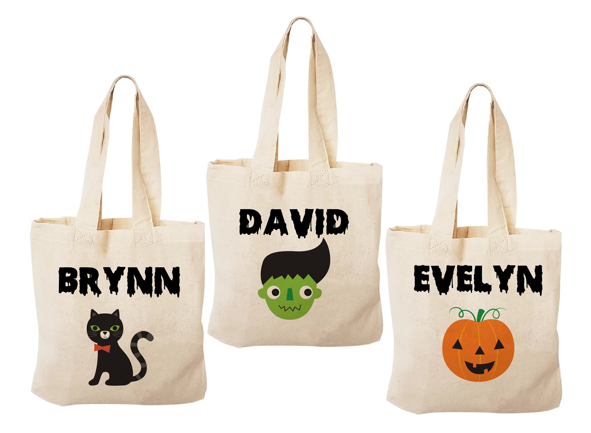 Set of 3 Personalized Halloween Treat Bags, Cotton Favor Bags