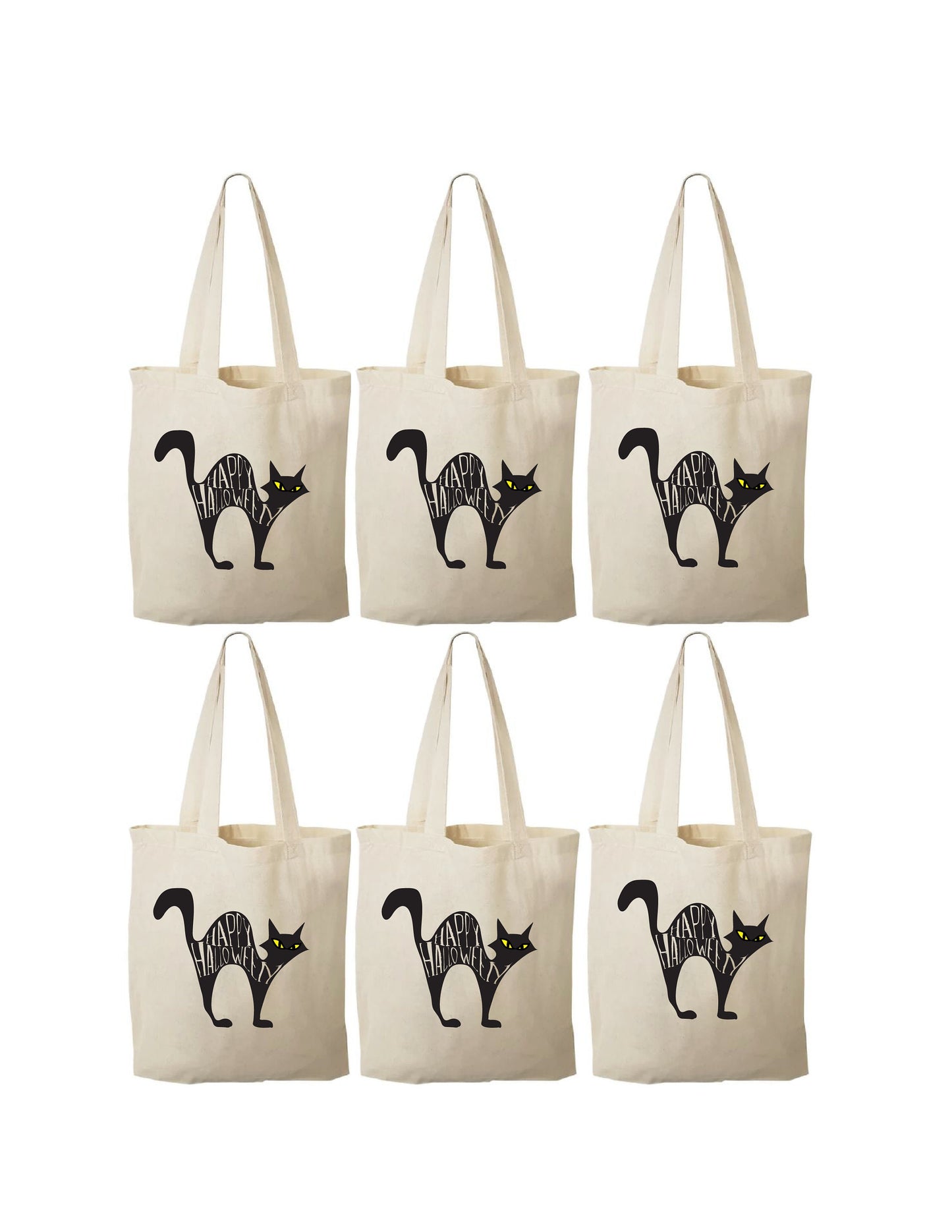 Black Cat Halloween Party Favor Bags, Cotton Set of Six