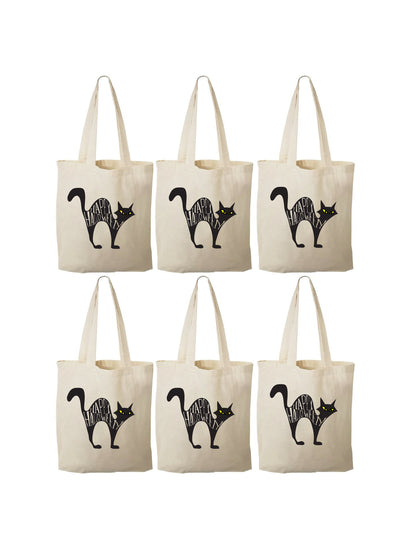 Black Cat Halloween Party Favor Bags, Cotton Set of Six
