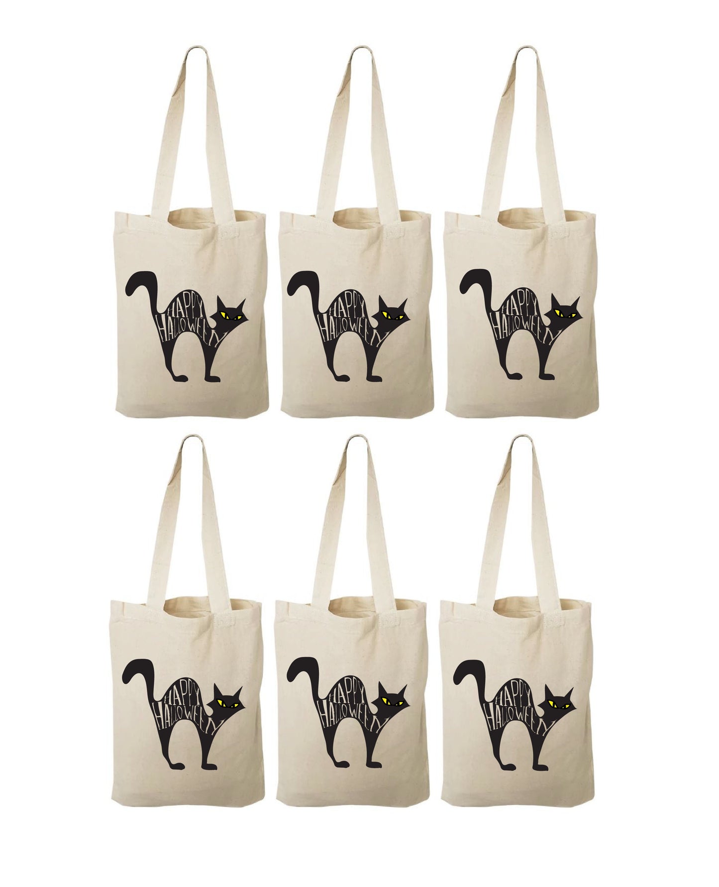 Black Cat Halloween Party Favor Bags, Cotton Set of Six