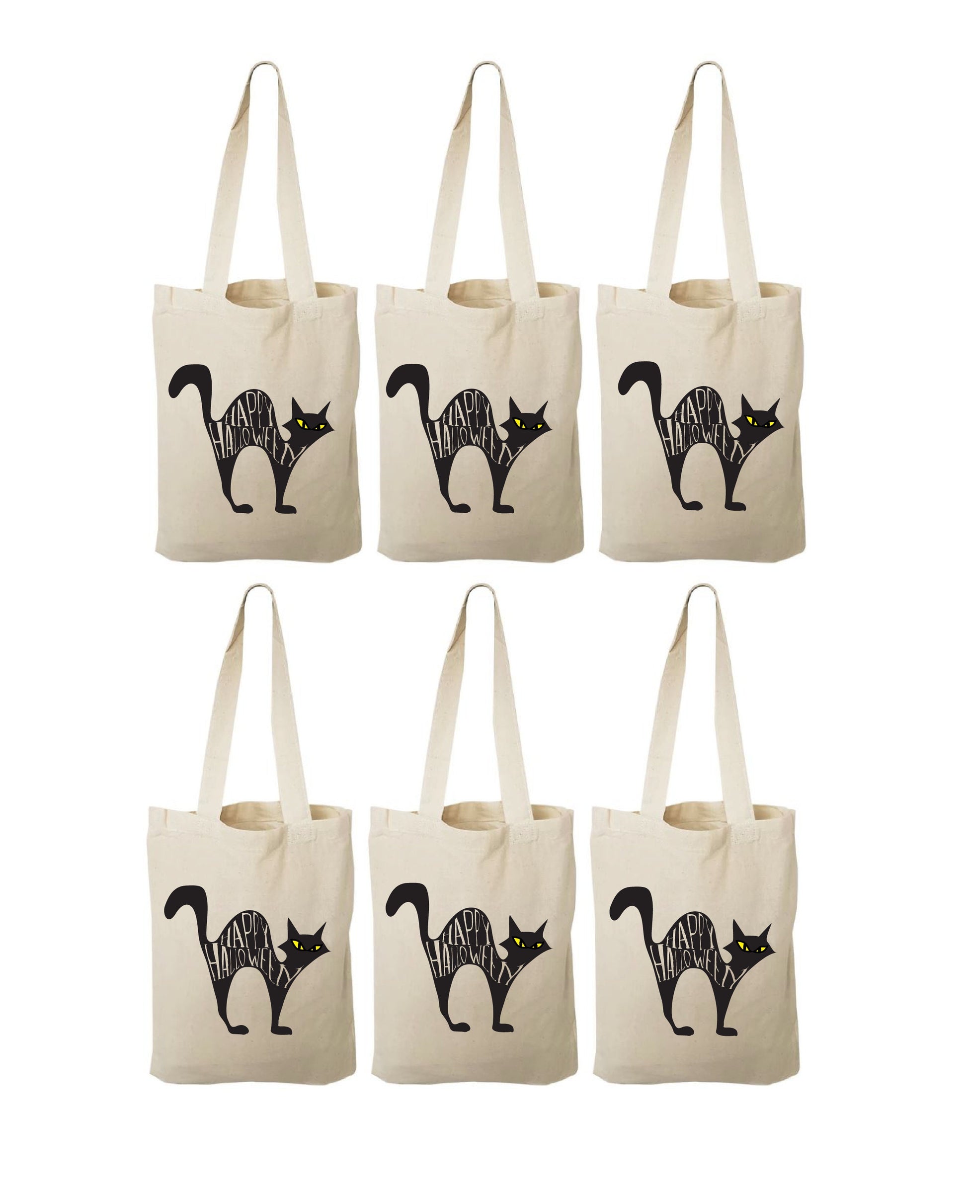 Black Cat Halloween Party Favor Bags, Cotton Set of Six