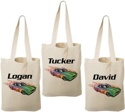 Personalized Race Car Party Favor Bags - Custom Name Canvas Tote