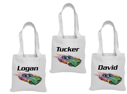 Personalized Race Car Party Favor Bags - Custom Name Canvas Tote