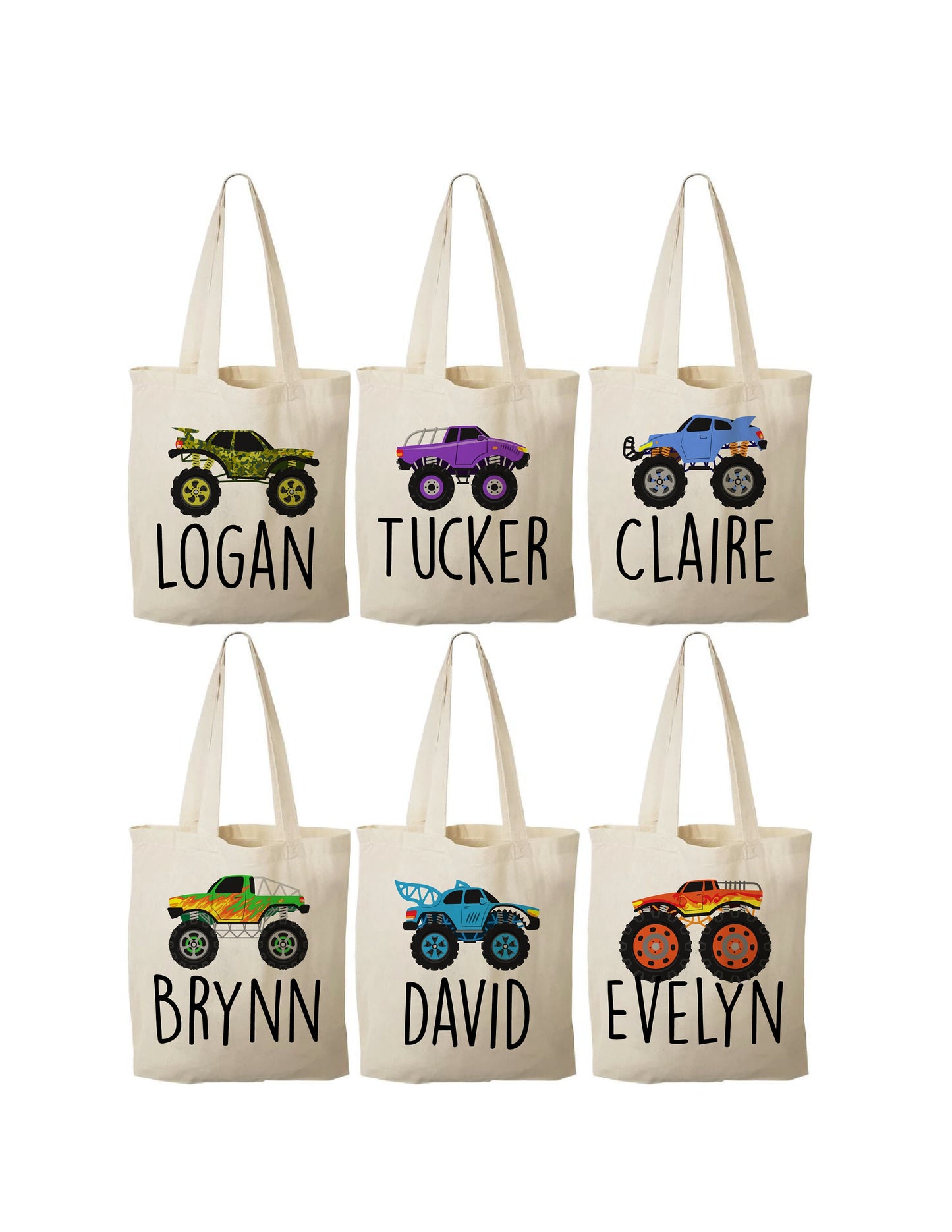 Custom Monster Truck Party Favor Bags - Perfect for Monster Truck Themed Parties & Events - Set of Six Bags Personalized with Names