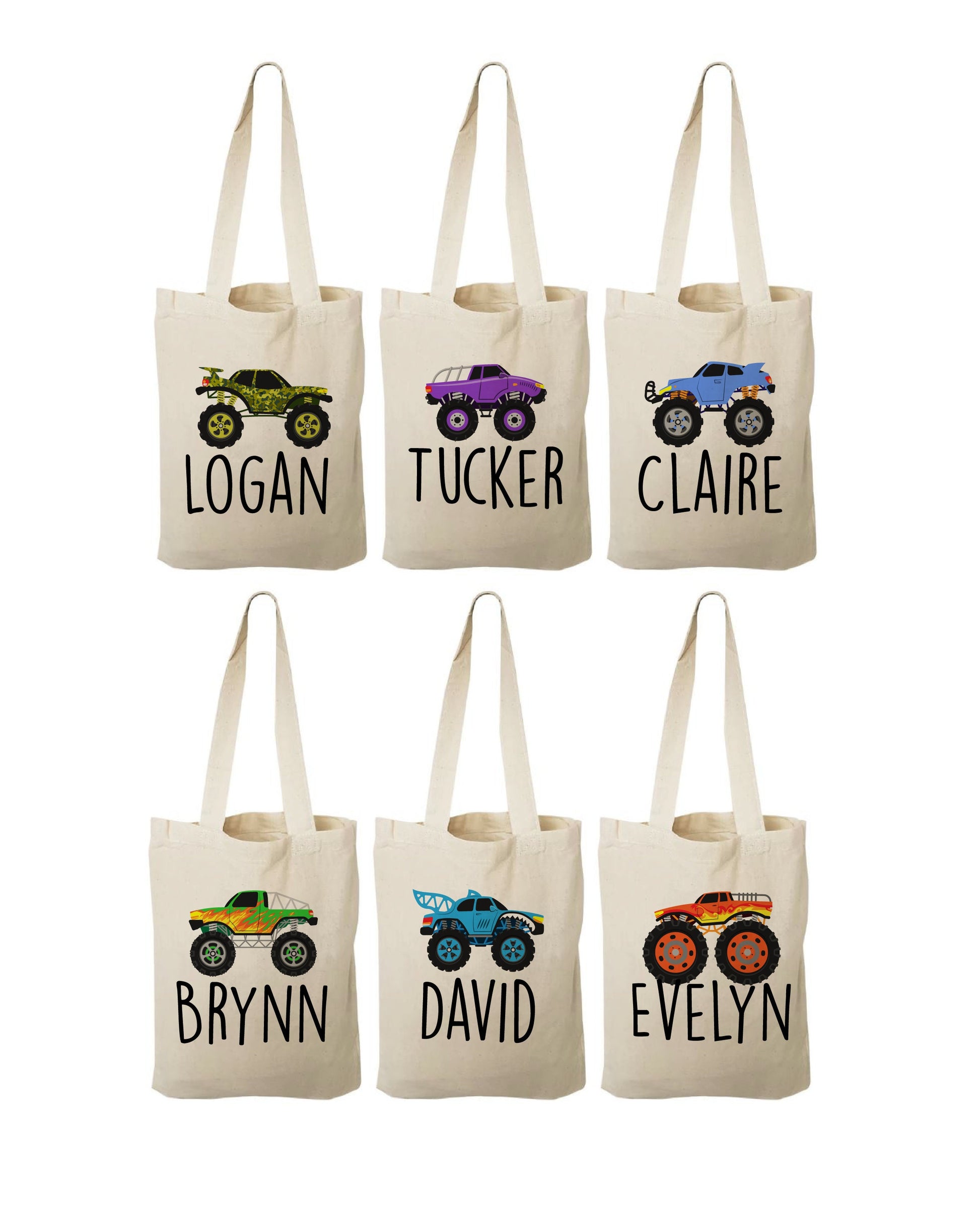 Custom Monster Truck Party Favor Bags - Perfect for Monster Truck Themed Parties & Events - Set of Six Bags Personalized with Names
