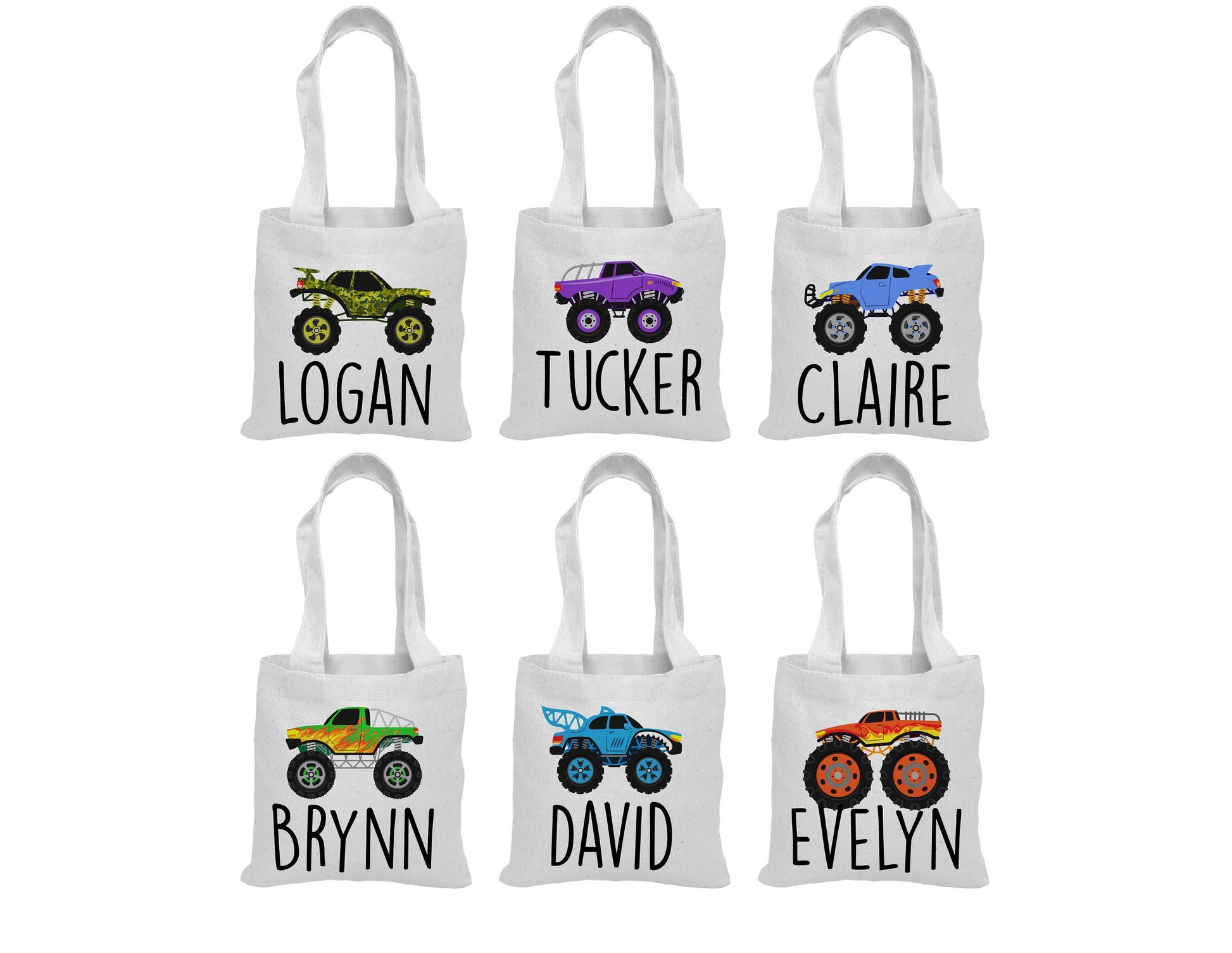 Custom Monster Truck Party Favor Bags - Perfect for Monster Truck Themed Parties & Events - Set of Six Bags Personalized with Names