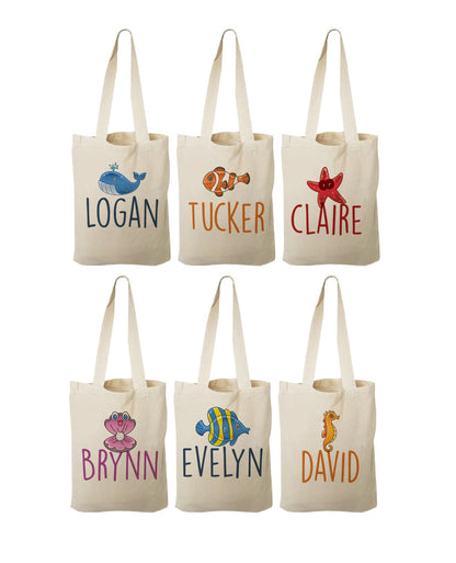 Personalized Under the Sea Party Favor Bags - Ocean Theme Cotton Tote - Set of Six Bags