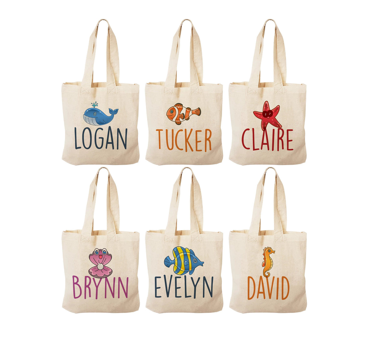 Personalized Under the Sea Party Favor Bags - Ocean Theme Cotton Tote - Set of Six Bags