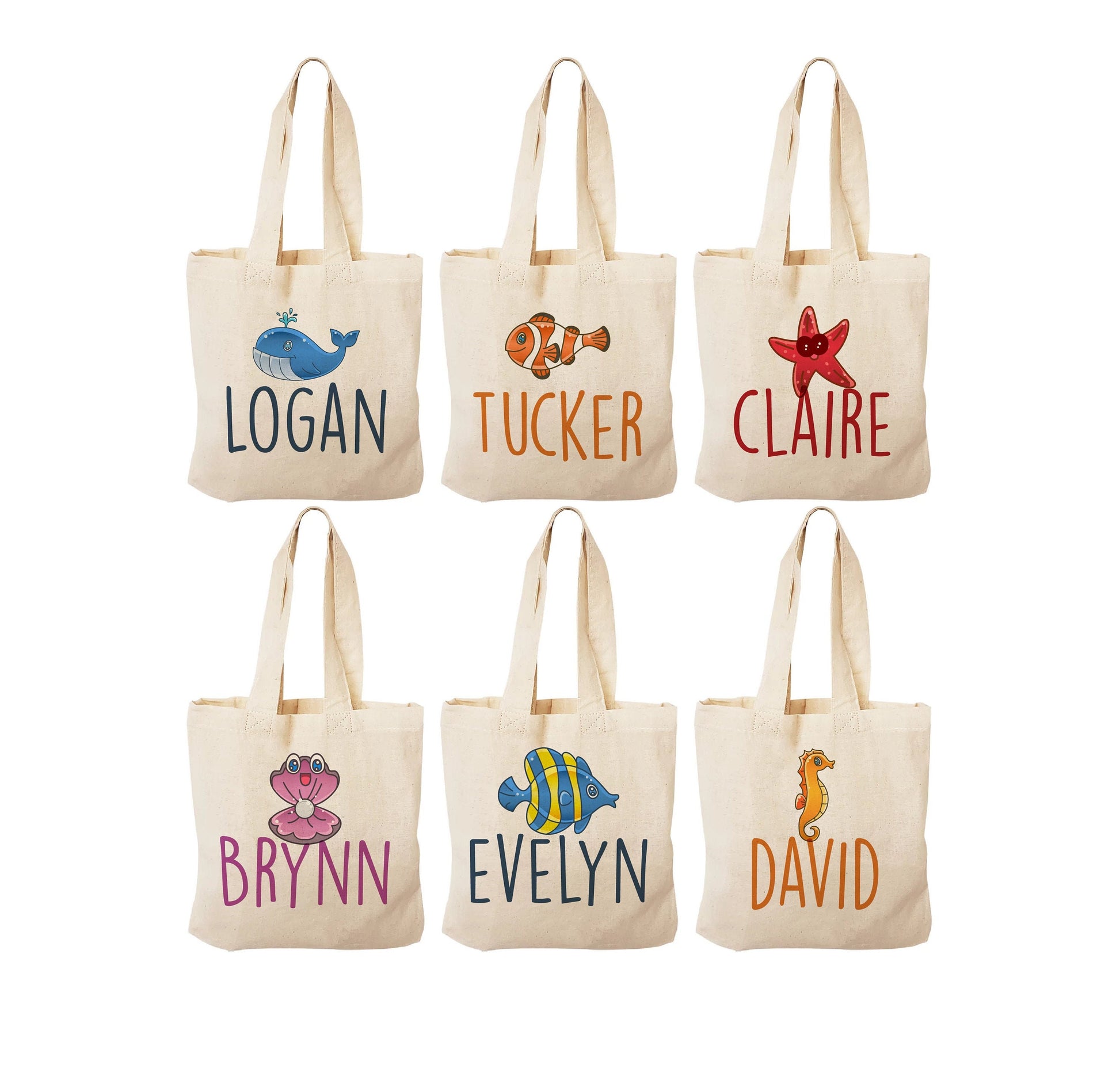 Personalized Under the Sea Party Favor Bags - Ocean Theme Cotton Tote - Set of Six Bags