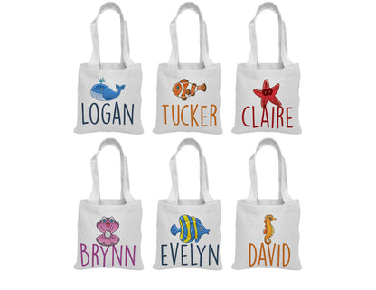 Personalized Under the Sea Party Favor Bags - Ocean Theme Cotton Tote - Set of Six Bags
